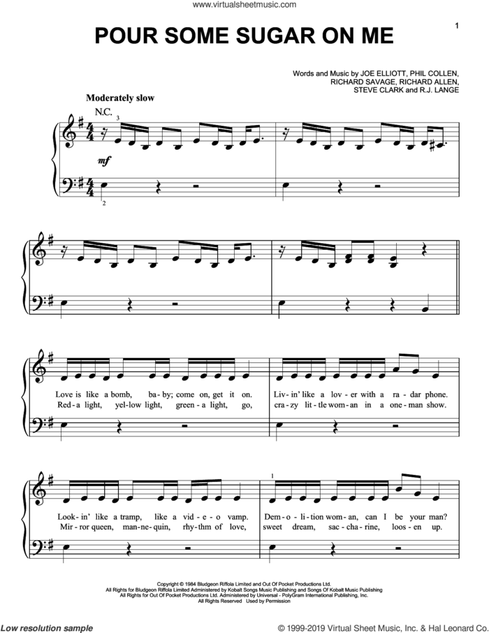 Pour Some Sugar On Me sheet music for piano solo by Def Leppard, Joe Elliott, Phil Collen, Richard Allen, Richard Savage, Robert John Lange and Steve Clark, easy skill level