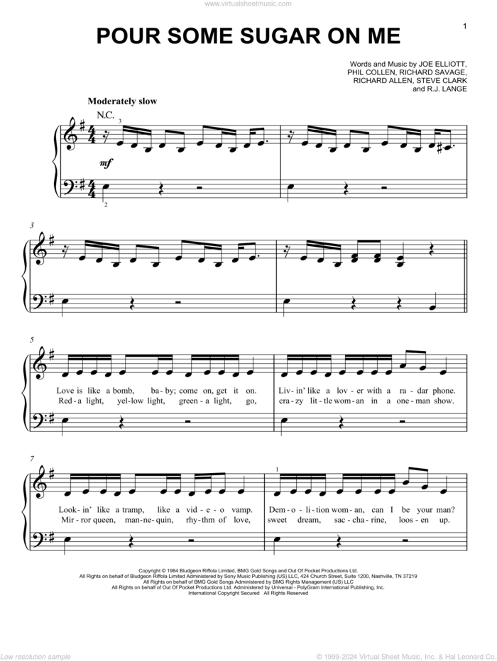 Pour Some Sugar On Me sheet music for piano solo by Def Leppard, Joe Elliott, Phil Collen, Richard Allen, Richard Savage, Robert John Lange and Steve Clark, easy skill level