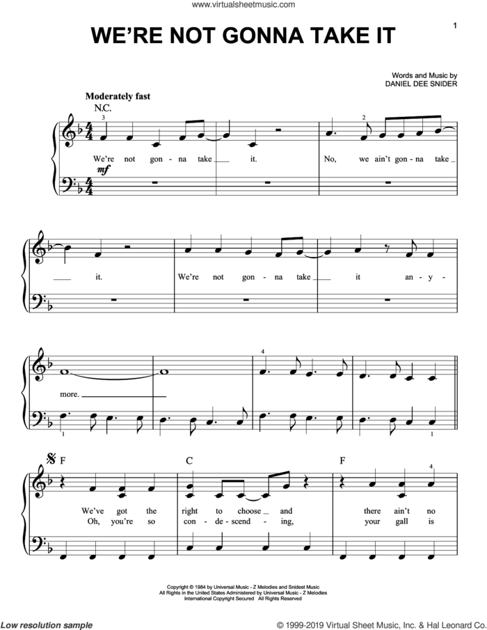 We're Not Gonna Take It sheet music for piano solo by Twisted Sister and Dee Snider, easy skill level