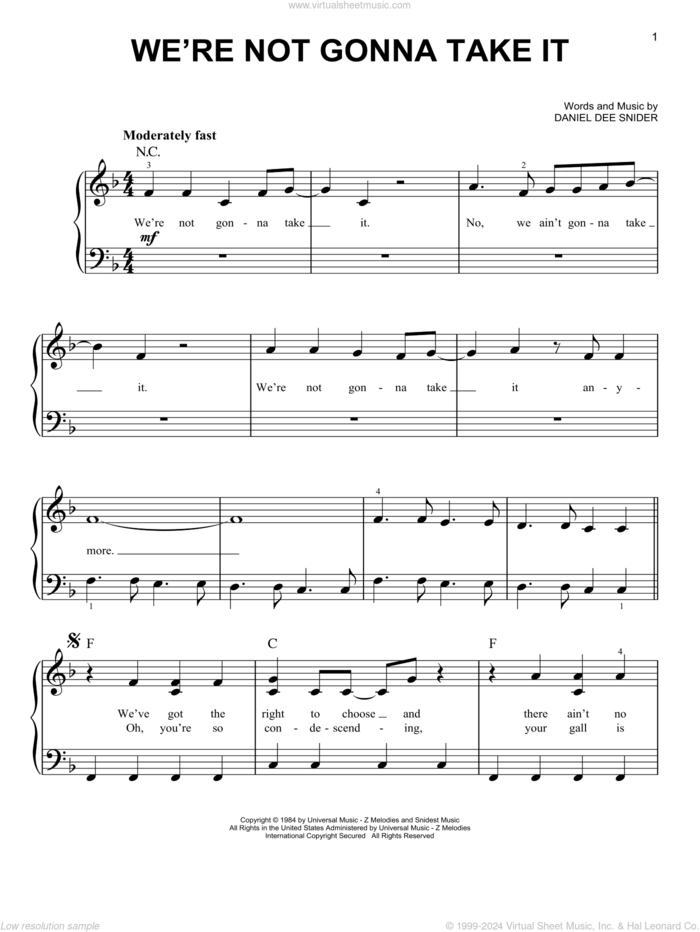 We're Not Gonna Take It sheet music for piano solo by Twisted Sister and Dee Snider, easy skill level