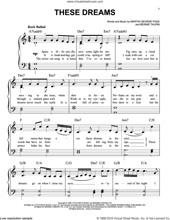 These Dreams sheet music for piano solo by Heart, Bernie Taupin and Martin George Page, easy skill level