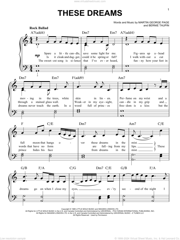 These Dreams sheet music for piano solo by Heart, Bernie Taupin and Martin George Page, easy skill level