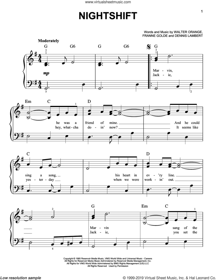 Nightshift sheet music for piano solo , The Commodores, Dennis Lambert, Franne Golde and Walter Orange, easy skill level