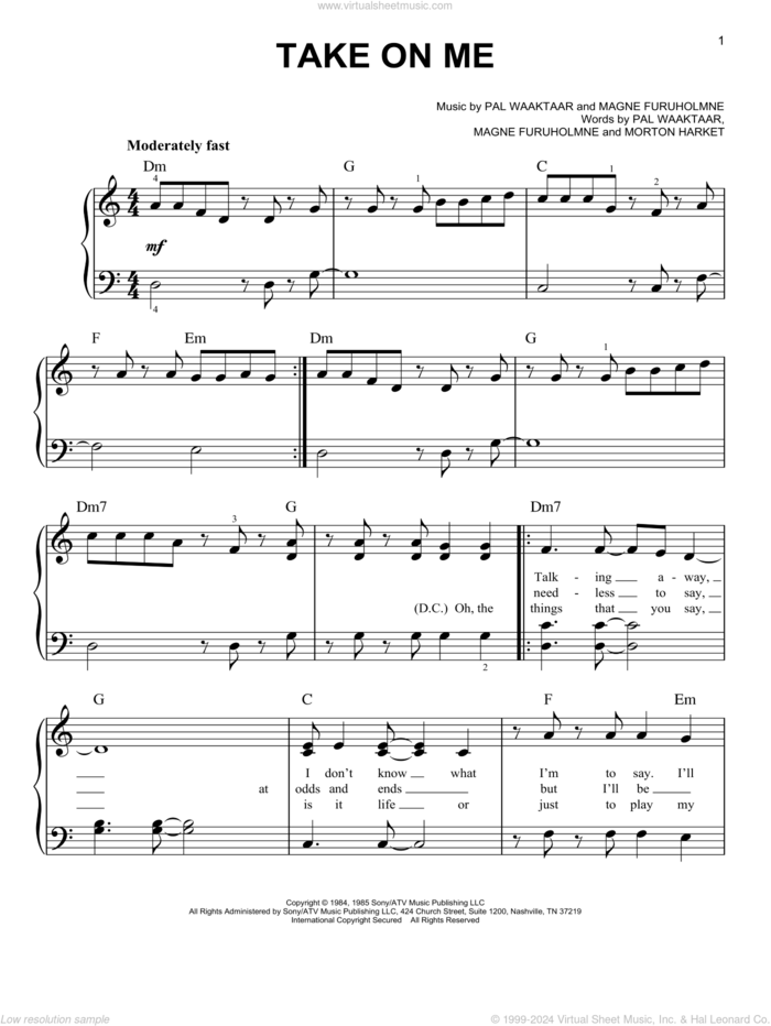 Take On Me sheet music for piano solo by a-ha, Magne Furuholmne, Morton Harket and Pal Waaktaar, easy skill level