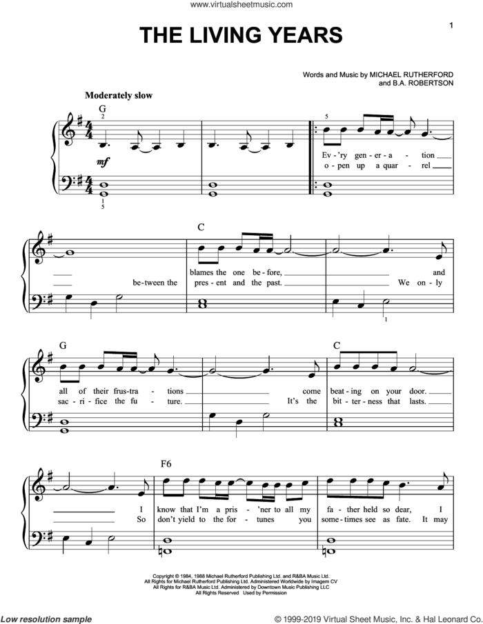 The Living Years sheet music for piano solo by B.A. Robertson, Mike & The Mechanics and Michael Rutherford, easy skill level