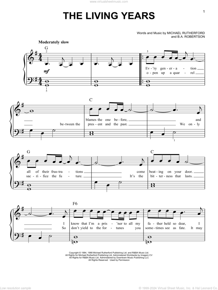 The Living Years sheet music for piano solo by B.A. Robertson, Mike & The Mechanics and Michael Rutherford, easy skill level