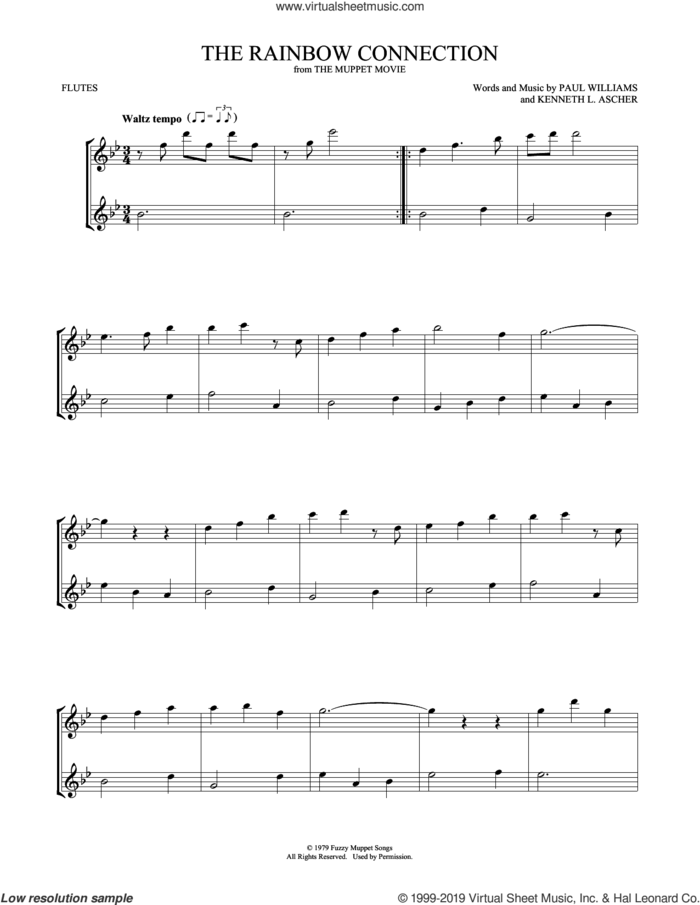 The Rainbow Connection sheet music for two flutes (duets) by Paul Williams and Kenneth L. Ascher, intermediate skill level