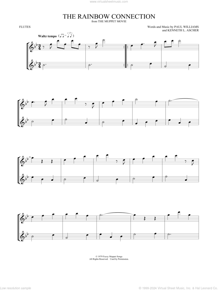 The Rainbow Connection sheet music for two flutes (duets) by Paul Williams and Kenneth L. Ascher, intermediate skill level