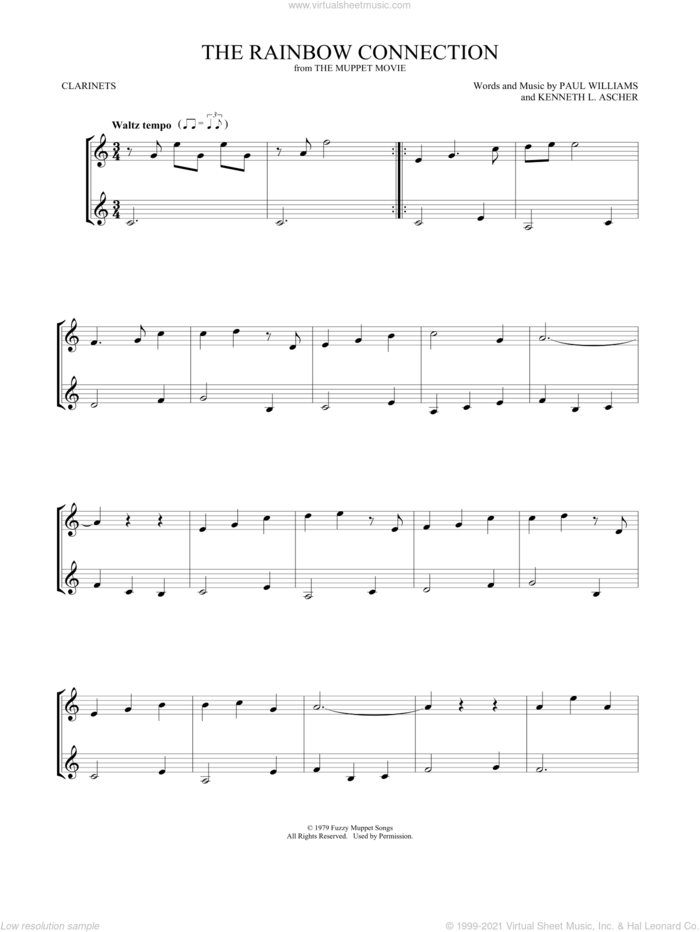 The Rainbow Connection sheet music for two clarinets (duets) by Paul Williams and Kenneth L. Ascher, intermediate skill level