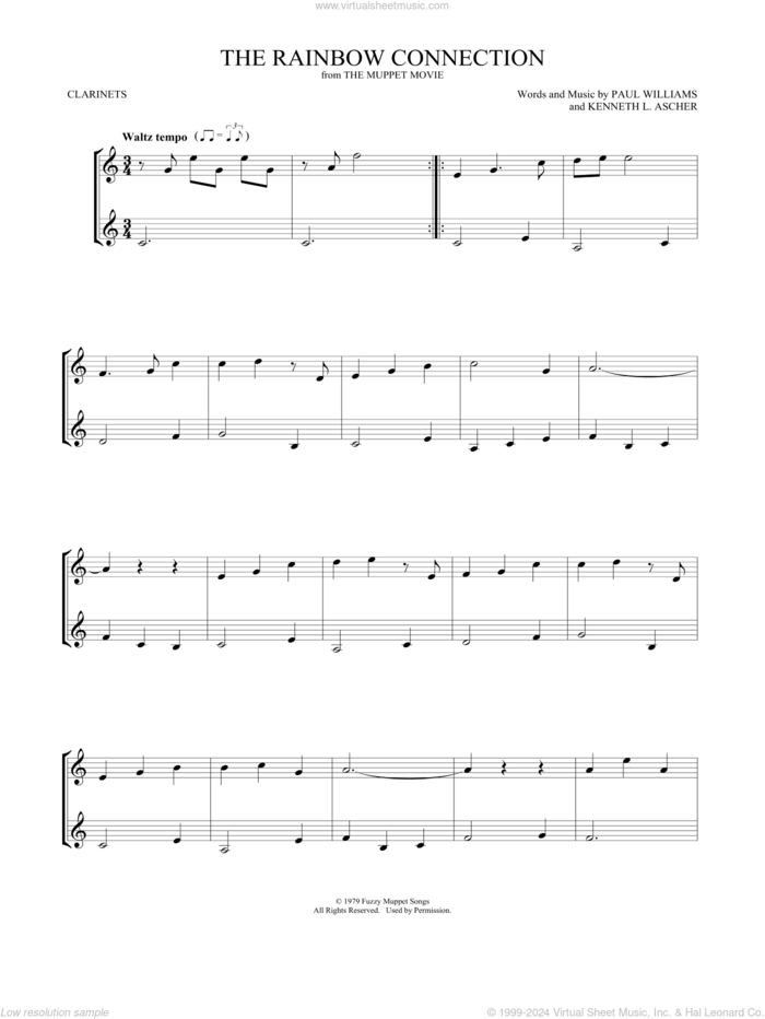 The Rainbow Connection sheet music for two clarinets (duets) by Paul Williams and Kenneth L. Ascher, intermediate skill level