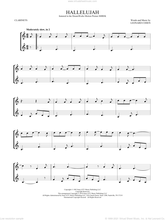 Hallelujah sheet music for two clarinets (duets) by Leonard Cohen, intermediate skill level