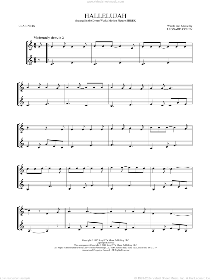 Hallelujah sheet music for two clarinets (duets) by Leonard Cohen, intermediate skill level