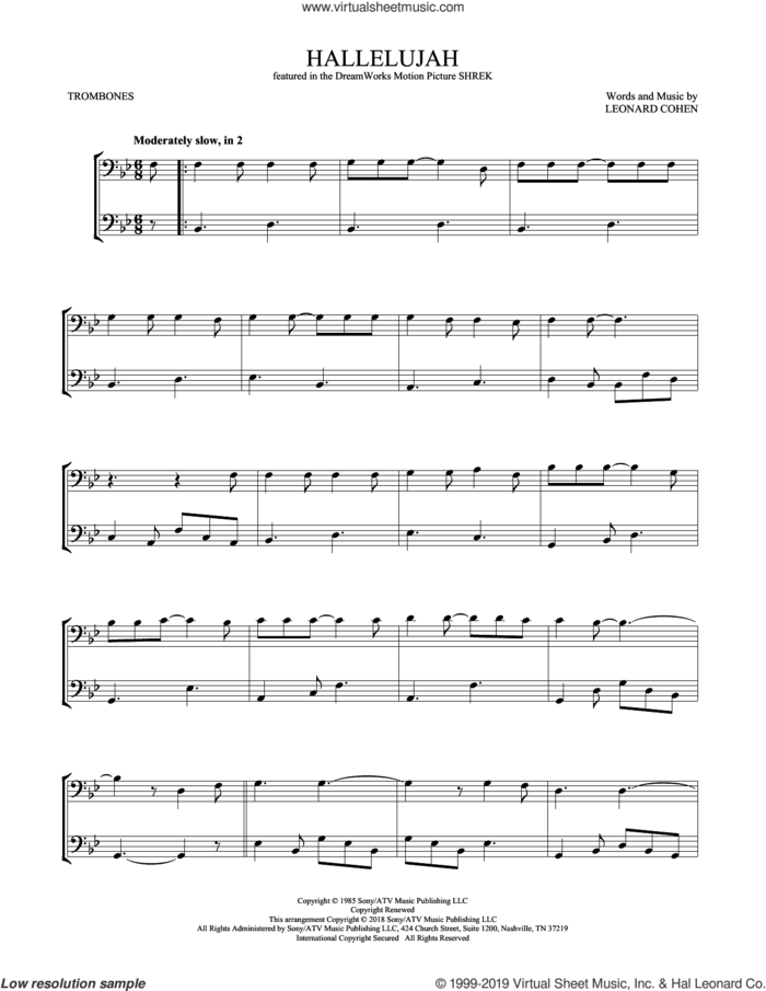 Hallelujah sheet music for two trombones (duet, duets) by Leonard Cohen, intermediate skill level