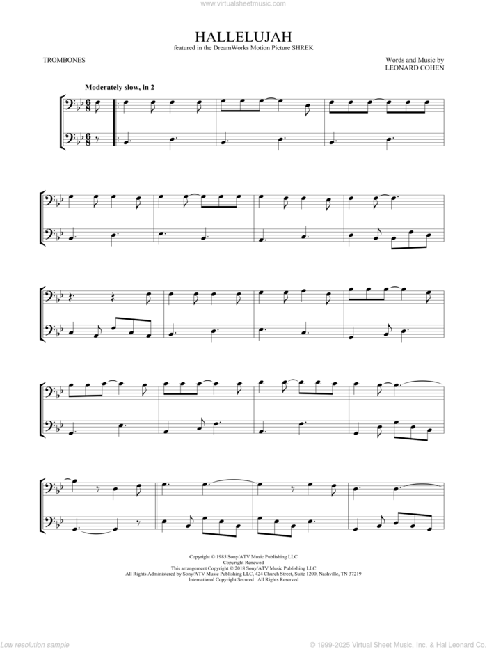 Hallelujah sheet music for two trombones (duet, duets) by Leonard Cohen, intermediate skill level