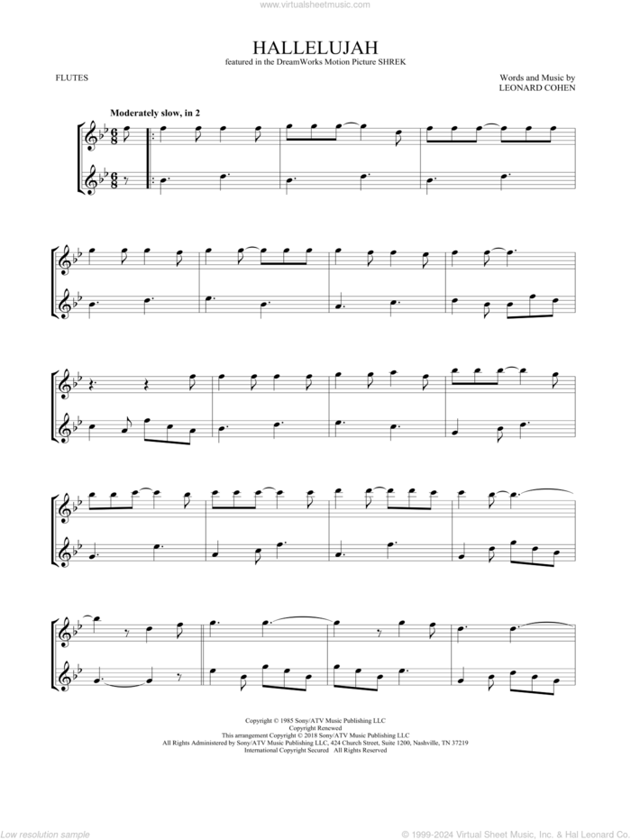 Hallelujah sheet music for two flutes (duets) by Leonard Cohen, intermediate skill level