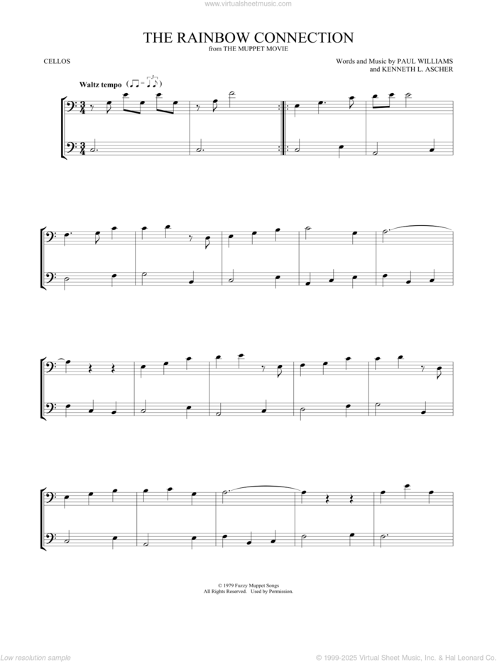 The Rainbow Connection sheet music for two cellos (duet, duets) by Paul Williams and Kenneth L. Ascher, intermediate skill level