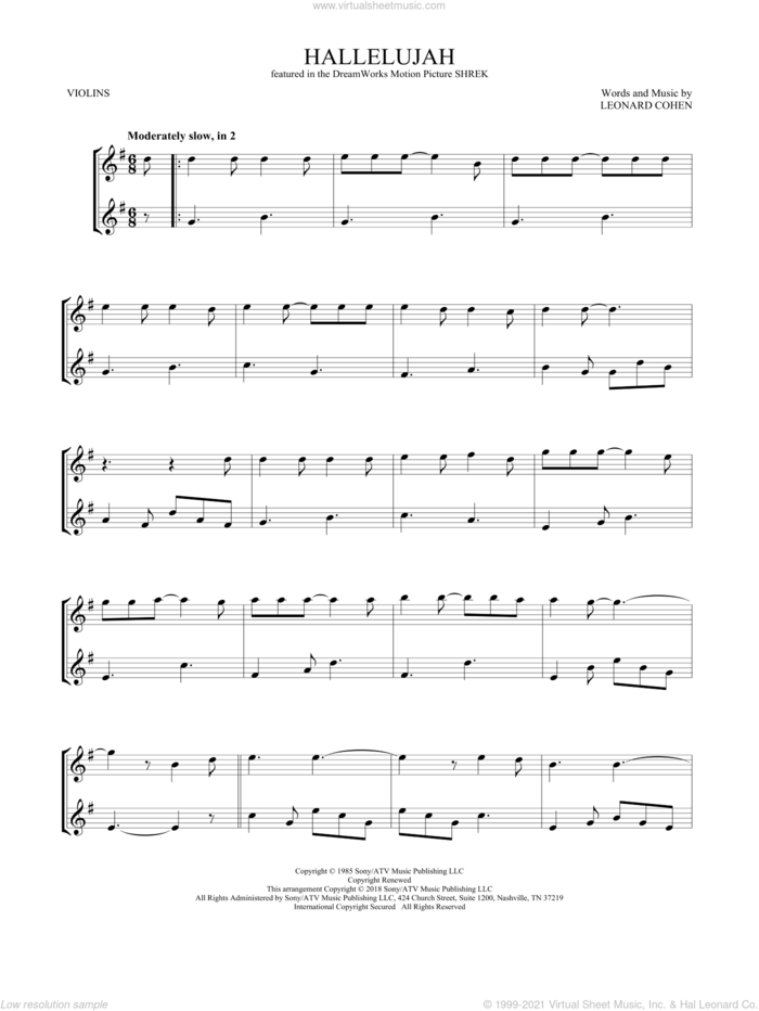 Hallelujah sheet music for two violins (duets, violin duets) by Leonard Cohen, intermediate skill level