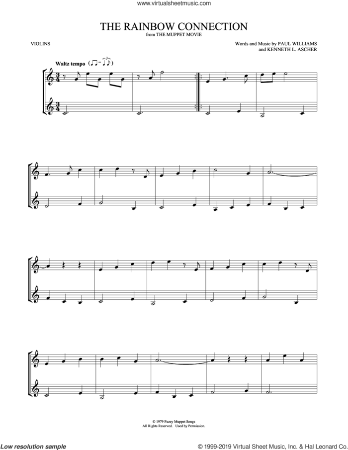 The Rainbow Connection sheet music for two violins (duets, violin duets) by Paul Williams and Kenneth L. Ascher, intermediate skill level