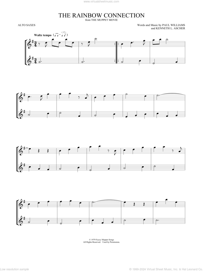 The Rainbow Connection sheet music for two alto saxophones (duets) by Paul Williams and Kenneth L. Ascher, intermediate skill level