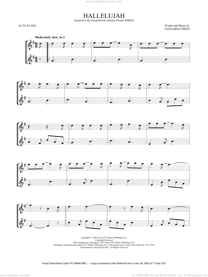 Hallelujah sheet music for two alto saxophones (duets) by Leonard Cohen, intermediate skill level