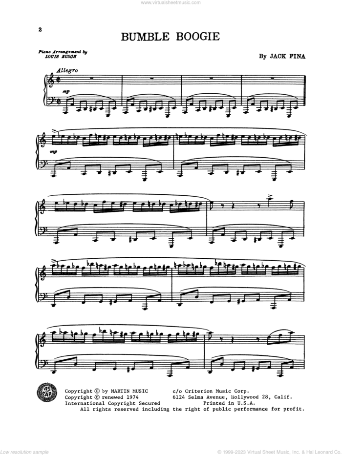 Bumble Boogie sheet music for piano solo by Freddy Martin and His Orchestra, Freddy Martin, Jack Fina and Nikolai Rimsky-Korsakov, intermediate skill level