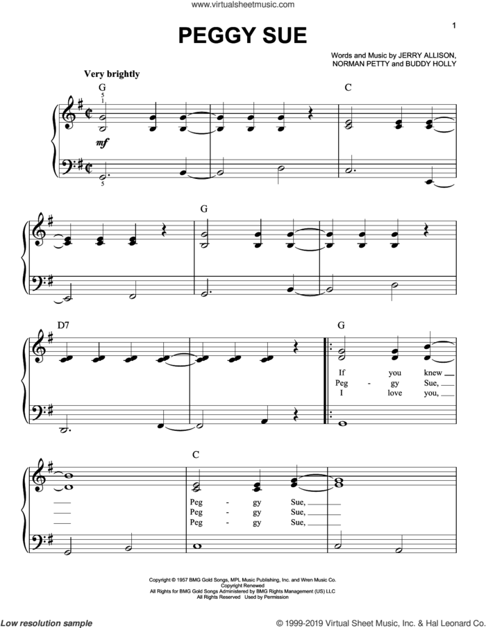 Peggy Sue, (easy) sheet music for piano solo by Buddy Holly, Jerry Allison and Norman Petty, easy skill level
