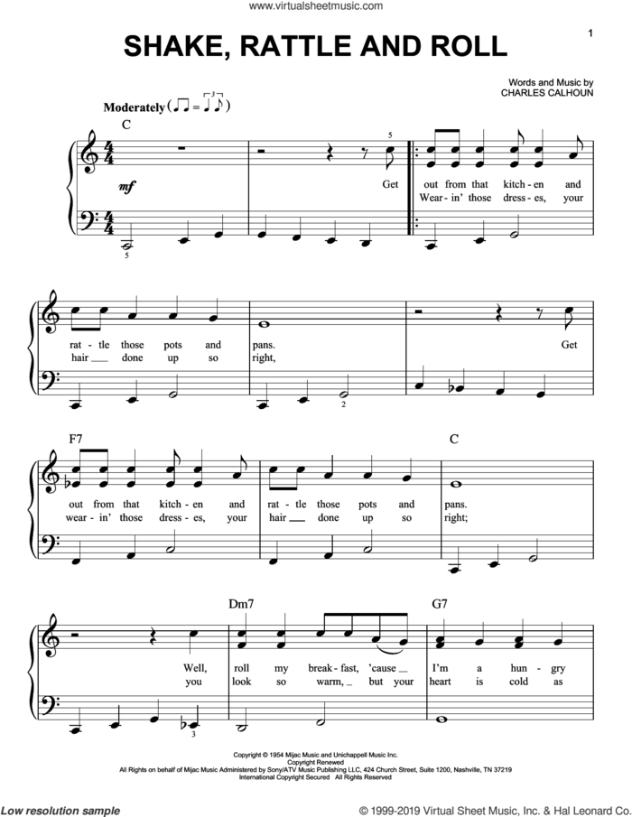 Shake, Rattle And Roll sheet music for piano solo by Bill Haley & His Comets and Charles Calhoun, easy skill level