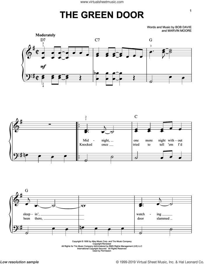 The Green Door sheet music for piano solo by Jim Lowe, Bob Davie and Marvin Moore, easy skill level