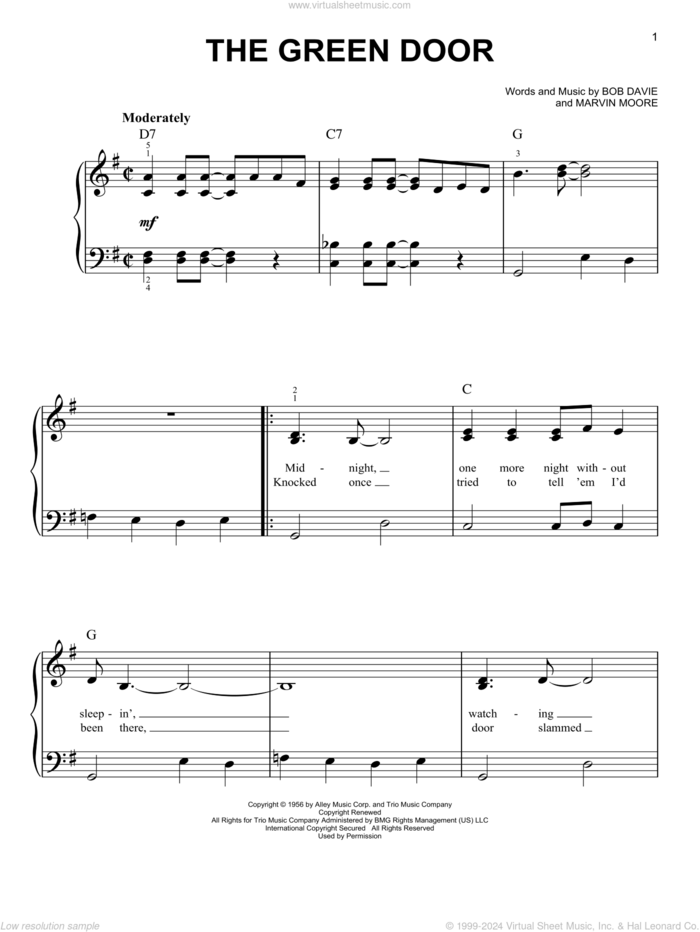 The Green Door sheet music for piano solo by Jim Lowe, Bob Davie and Marvin Moore, easy skill level