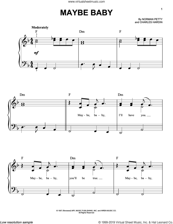 Maybe Baby sheet music for piano solo by The Crickets and Charles Hardin, easy skill level