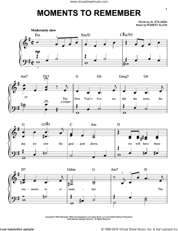 Moments To Remember (arr. Phillip Keveren) sheet music for piano solo by The Four Lads, Al Stillman and Robert Allen, easy skill level