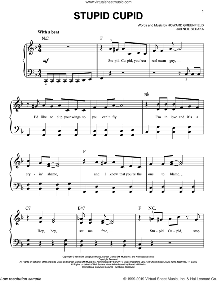 Stupid Cupid sheet music for piano solo by Connie Francis, Howard Greenfield and Neil Sedaka, easy skill level