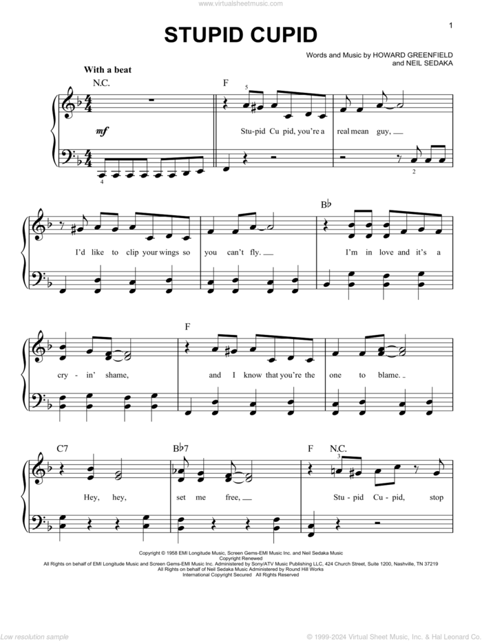 Stupid Cupid sheet music for piano solo by Connie Francis, Howard Greenfield and Neil Sedaka, easy skill level