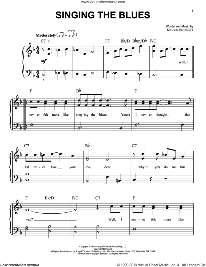 Singing The Blues sheet music for piano solo by Marty Robbins, Guy Mitchell and Melvin Endsley, easy skill level