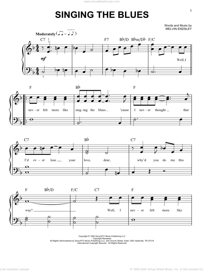 Singing The Blues sheet music for piano solo by Marty Robbins, Guy Mitchell and Melvin Endsley, easy skill level