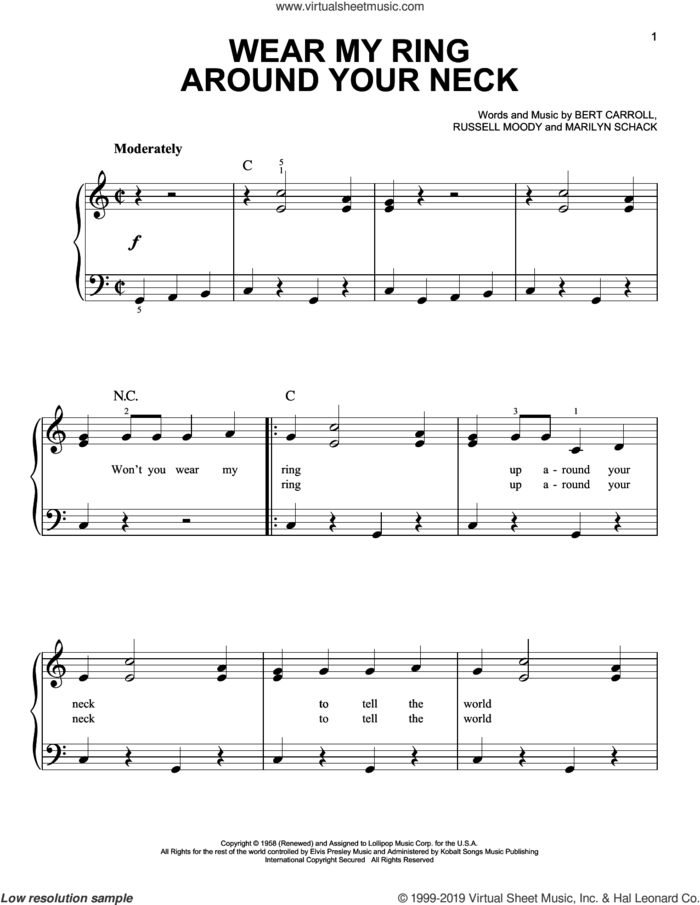Wear My Ring Around Your Neck sheet music for piano solo by Elvis Presley, Bert Carroll, Marilyn Schack and Russell Moody, easy skill level