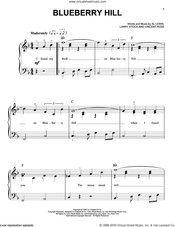 Blueberry Hill, (easy) sheet music for piano solo by Fats Domino, Al Lewis, Larry Stock and Vincent Rose, easy skill level