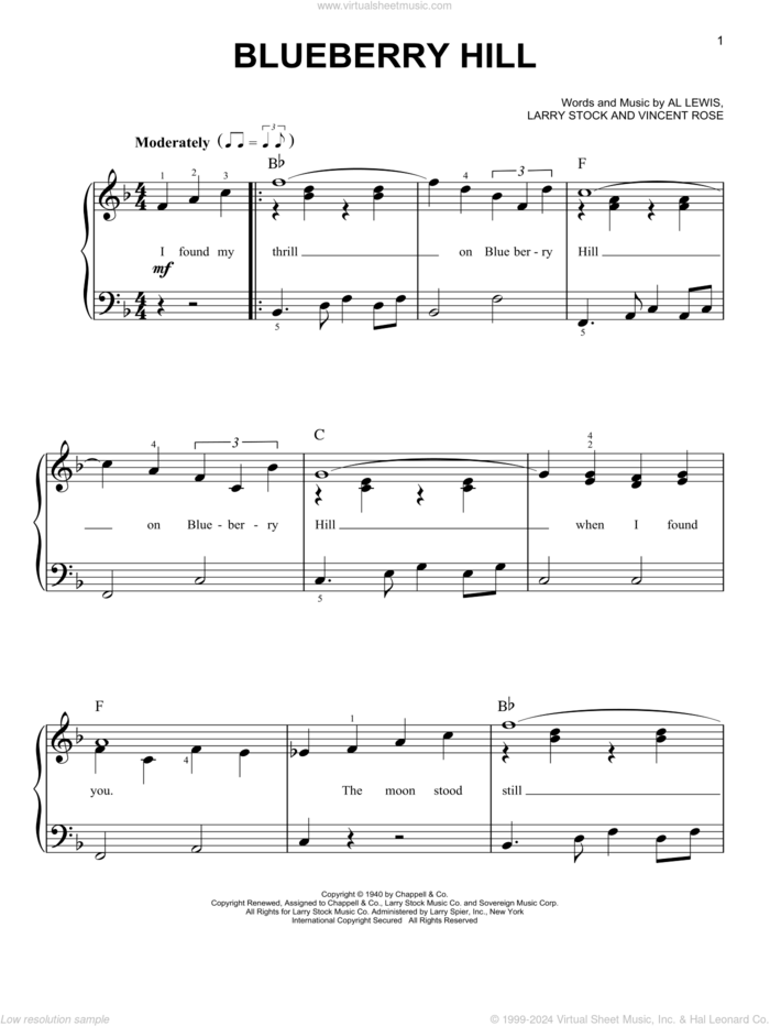 Blueberry Hill, (easy) sheet music for piano solo by Fats Domino, Al Lewis, Larry Stock and Vincent Rose, easy skill level