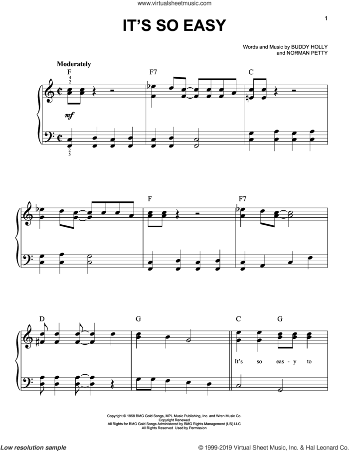It's So Easy sheet music for piano solo by The Crickets, Linda Ronstadt, Buddy Holly and Norman Petty, easy skill level