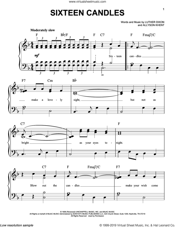 Sixteen Candles sheet music for piano solo by The Crests, Allyson Khent and Luther Dixon, easy skill level