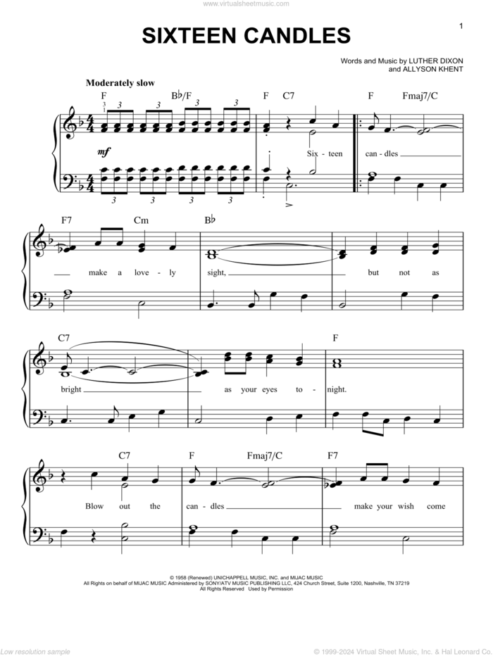 Sixteen Candles sheet music for piano solo by The Crests, Allyson Khent and Luther Dixon, easy skill level