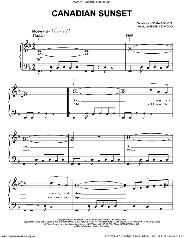 Canadian Sunset sheet music for piano solo by Andy Williams, Eddie Heywood and Norman Gimbel, easy skill level
