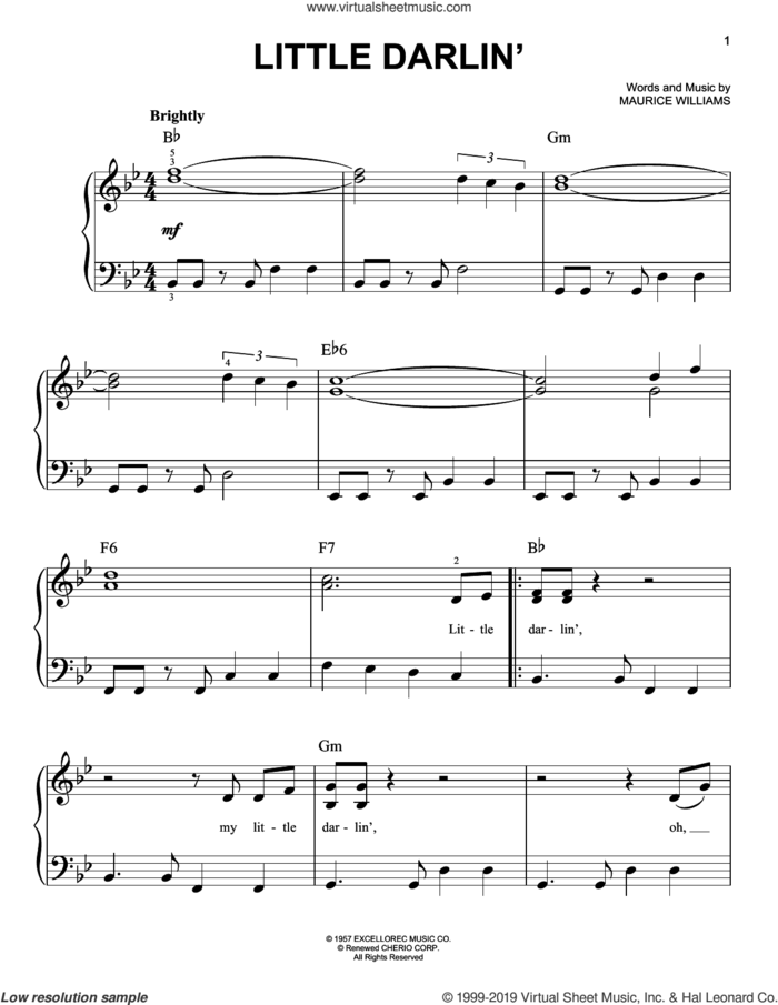Little Darlin' sheet music for piano solo by The Diamonds and Maurice Williams, easy skill level