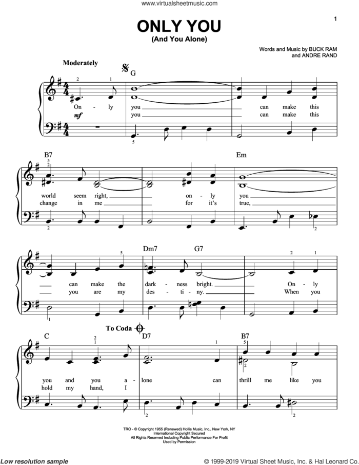 Only You (And You Alone) sheet music for piano solo by The Platters, Ande Rand and Buck Ram, easy skill level