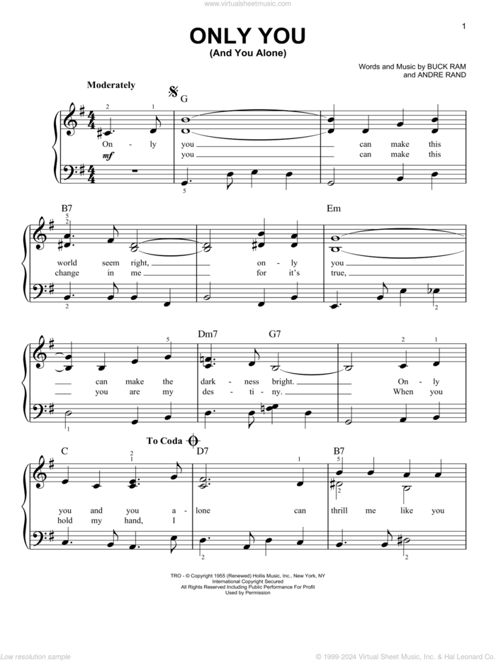 Only You (And You Alone) sheet music for piano solo by The Platters, Ande Rand and Buck Ram, easy skill level