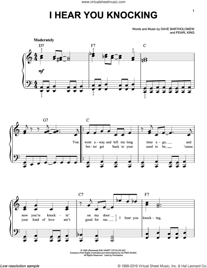 I Hear You Knocking sheet music for piano solo by Fats Domino, Dave Bartholomew and Pearl King, easy skill level