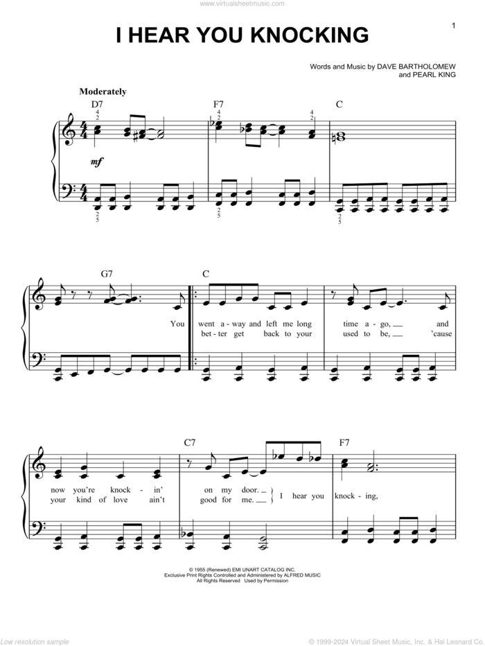 I Hear You Knocking sheet music for piano solo by Fats Domino, Dave Bartholomew and Pearl King, easy skill level