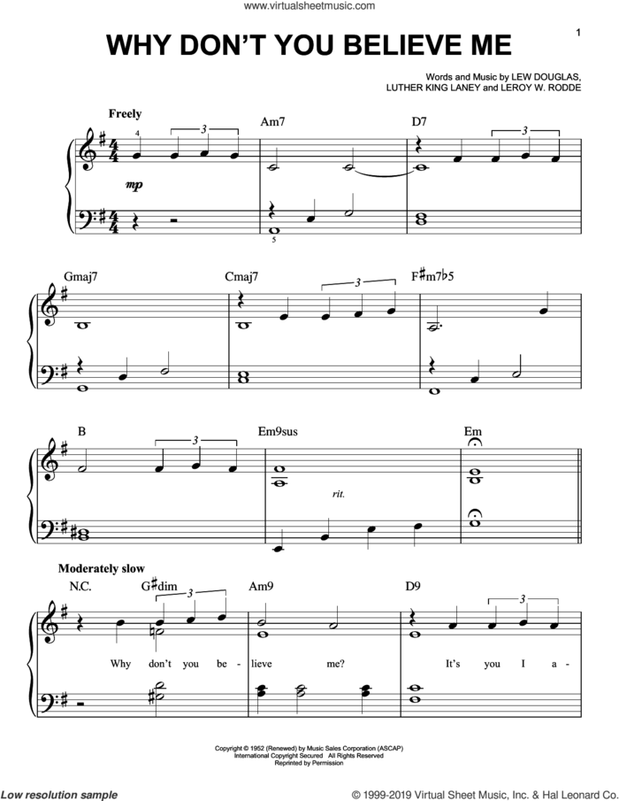 Why Don't You Believe Me sheet music for piano solo by Patti Page, Joni James, Leroy W. Rodde, Lew Douglas and Luther King Laney, easy skill level