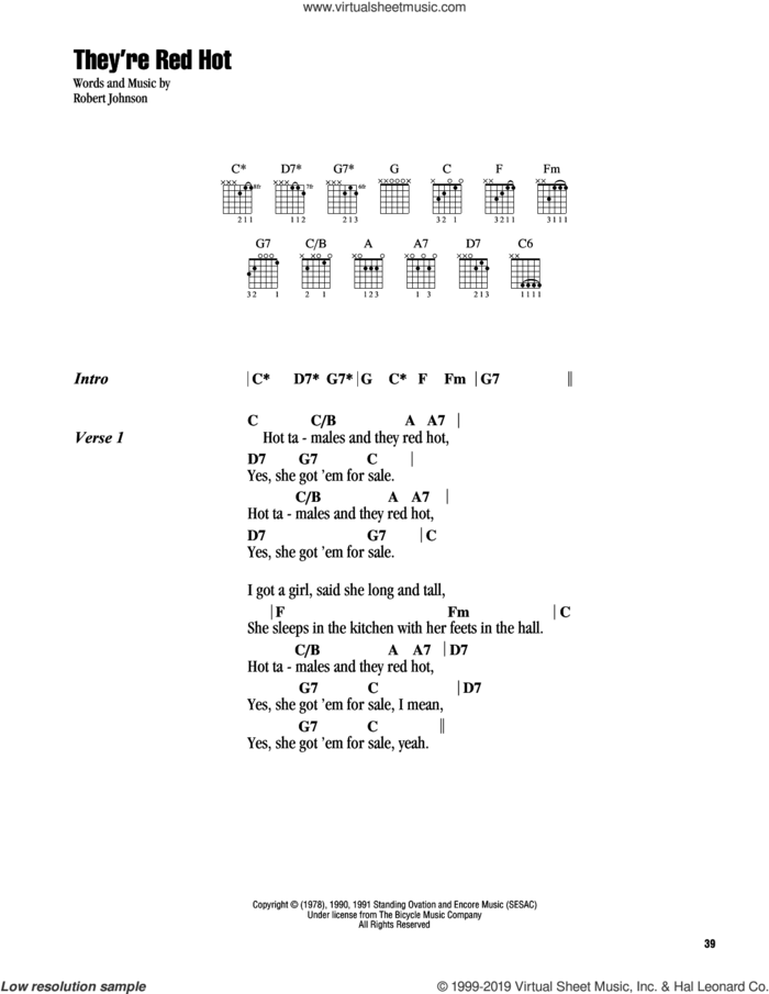 They're Red Hot sheet music for guitar (chords) by Robert Johnson, intermediate skill level