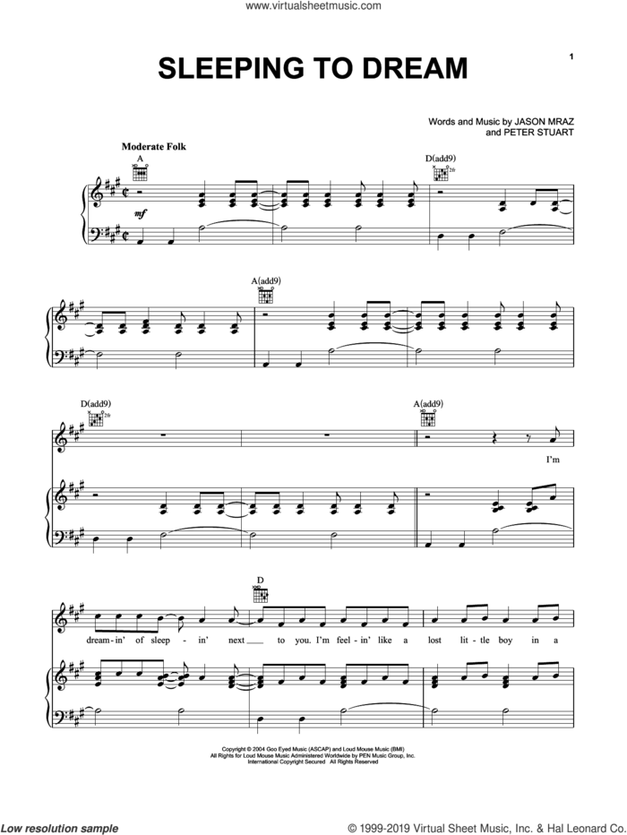 Sleeping To Dream sheet music for voice, piano or guitar by Jason Mraz and Peter Stuart, intermediate skill level